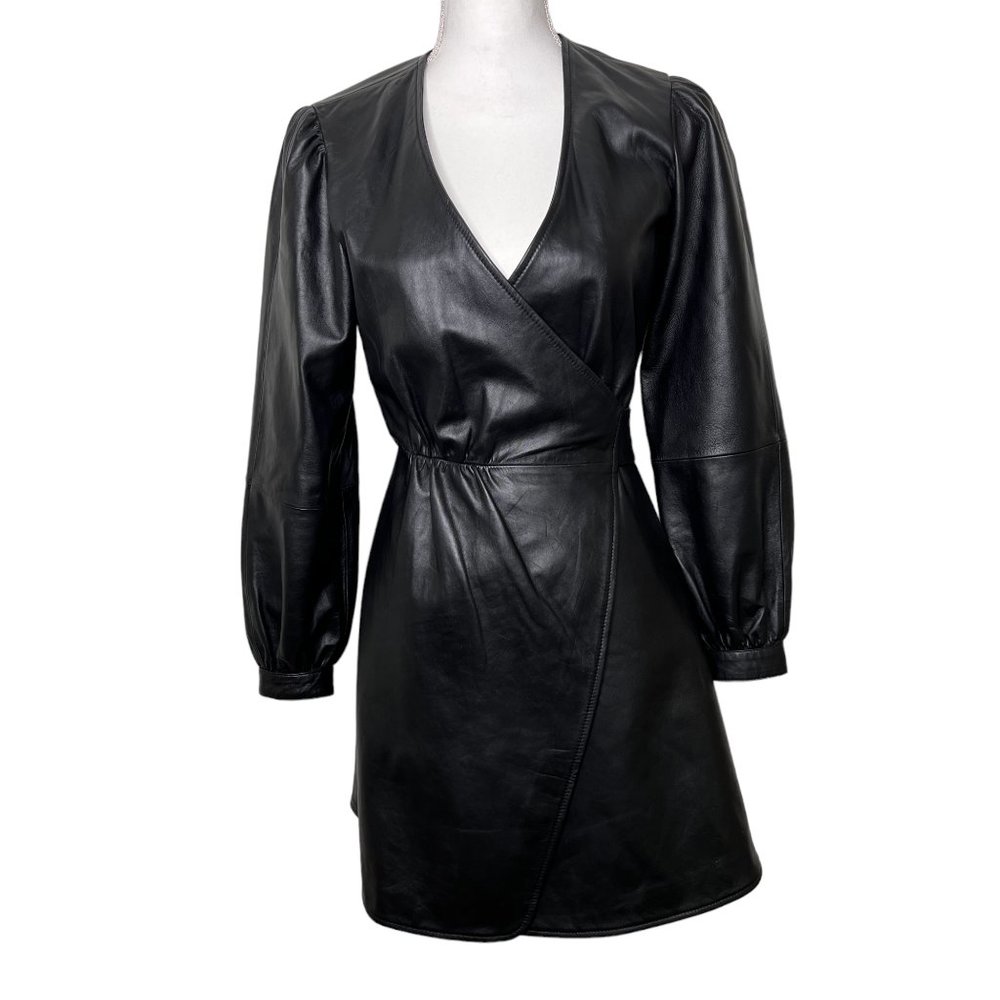 Maje Rosetola Long Sleeve Leather Wrap Dress Black Size 1 - Picture 5 of 17